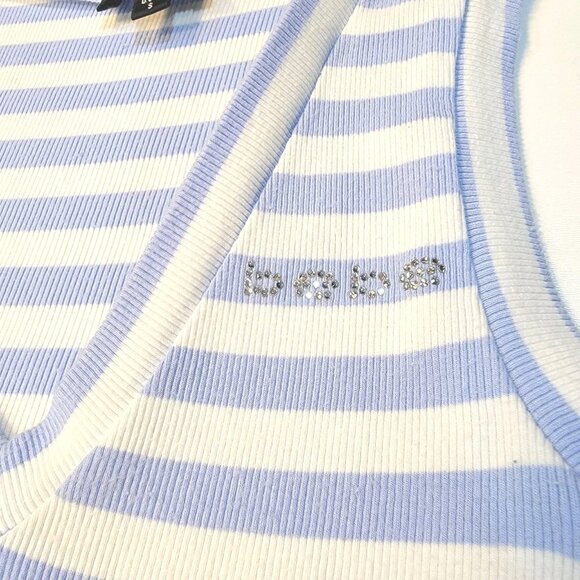 Y2K Bebe Rhinestone Tank Top Sz S Blue White Striped Stretch Knit - Picture 4 of 8